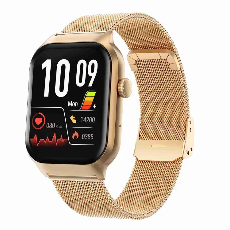Reloj inteligente con correa de acero milanés de 2.01 pulgadas, llamada Bluetooth, soporte para monitoreo de frecuencia cardíaca / glucosa en sangre no invasiva, correa de acero milanés dorada