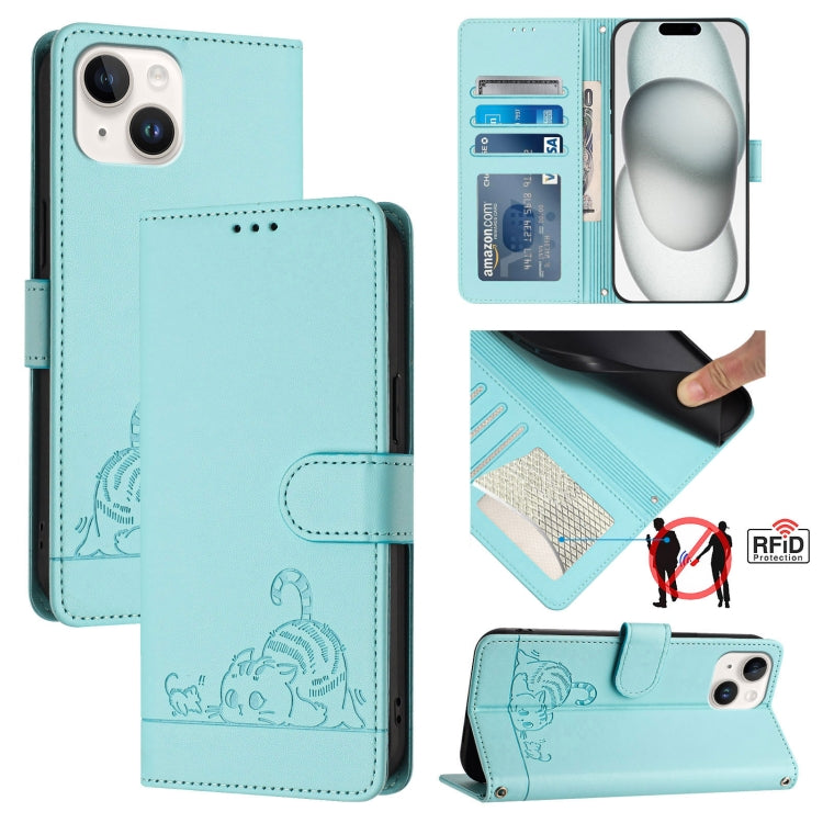 Cat Rat Embossed Pattern RFID Leather Phone Case with Lanyard, For iPhone 13 mini, For iPhone 12/12 Pro, For iPhone 12 Pro Max, For iPhone 12 mini, For iPhone 11 Pro Max, For iPhone 11, For iPhone 11 Pro, For iPhone XS / X
