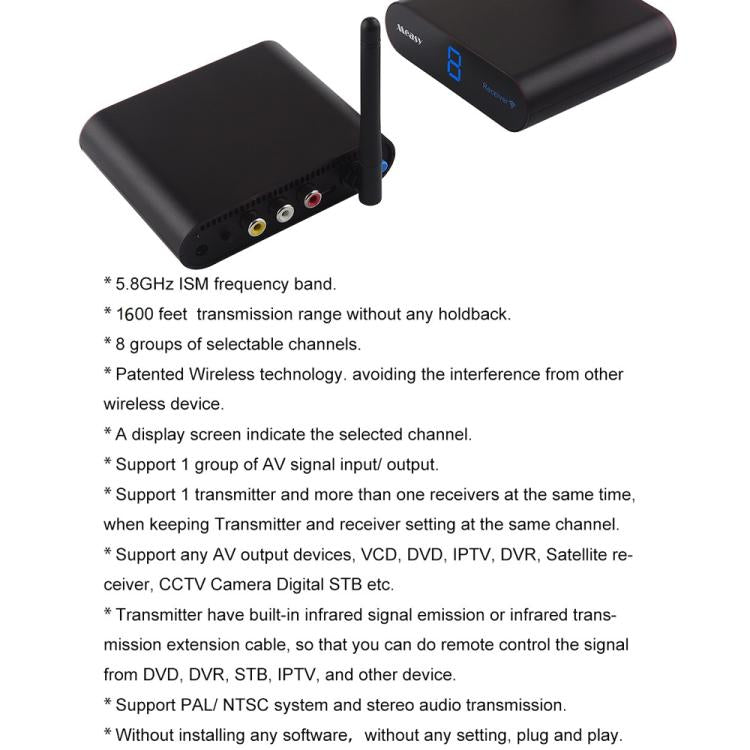 Measy AV550 5.8GHz Wireless Audio / Video Transmitter and Receiver with Infrared Return Function, Distance: 500m, AV550 Black