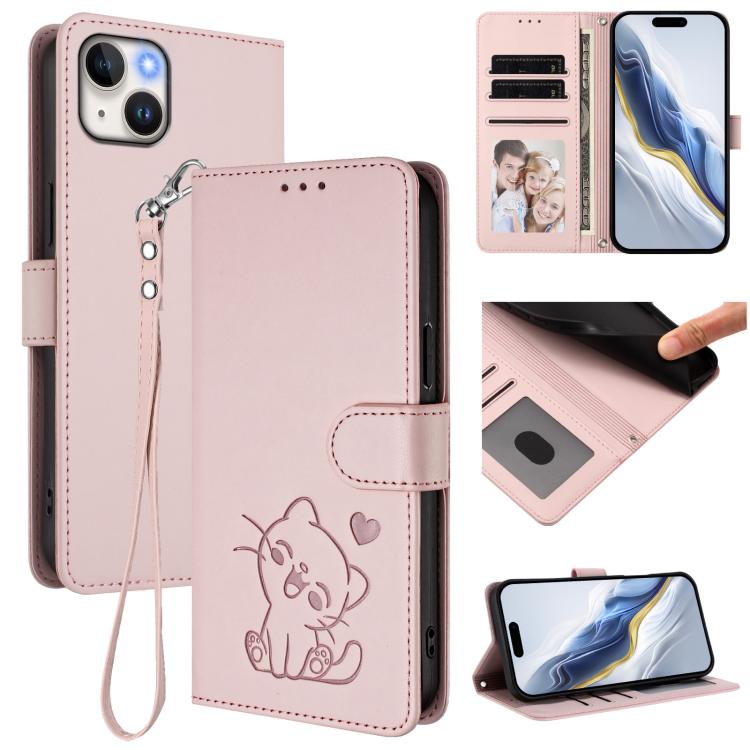 Embossed Heart Cat Leather Phone Case with Hand Strap, For iPhone 13 mini, For iPhone 12 / 12 Pro, For iPhone 12 Pro Max, For iPhone 12 mini