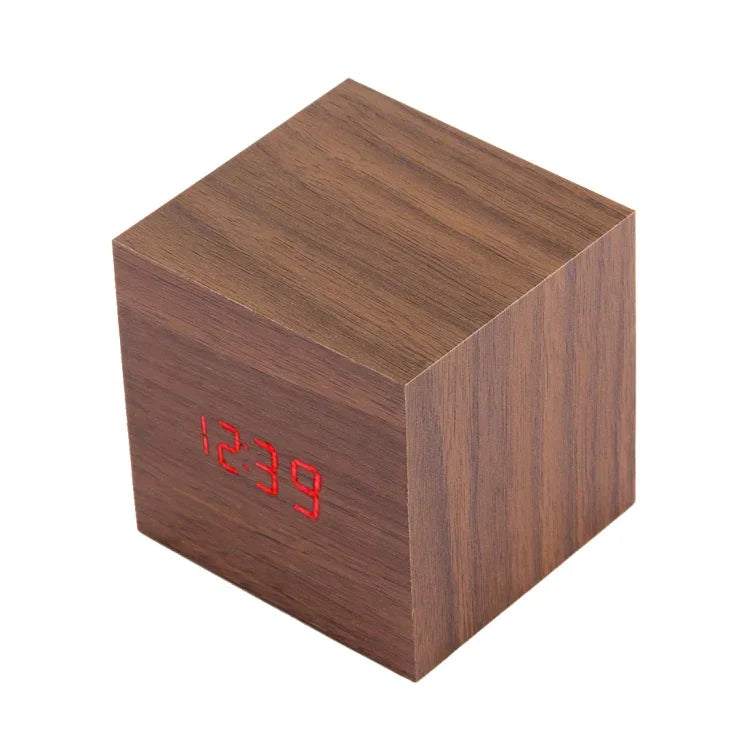 Wood Clock Desk Table LED Digital Display Alarm Clock with Time & Date & Temperature Display, Wood Clock