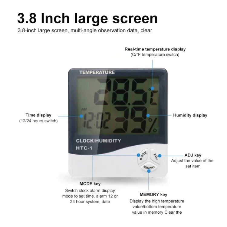3.8 inch LCD Digital Temperature & Humidity Meter with Clock / Calendar (HTC-1), HTC-1