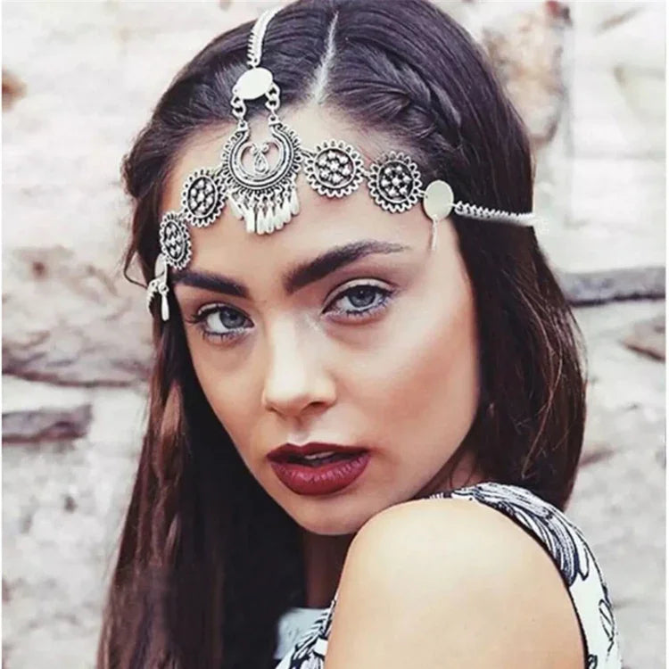 Silver Vintage Tassel Hair Jewelry Metal Coin Headband Long Punk Head Chain Piece Forehead Headpiece