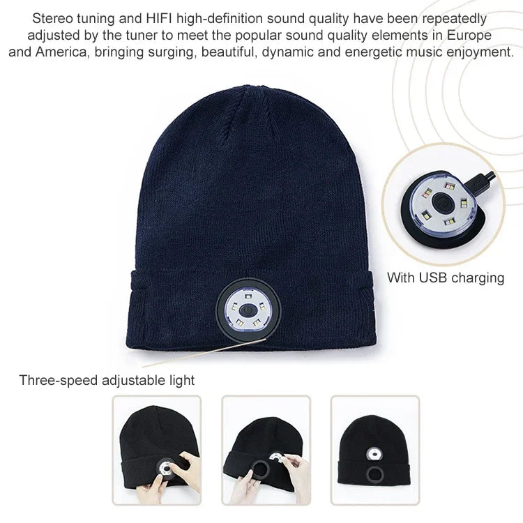 Gorro tejido con luz LED para correr de noche, pesca nocturna al aire libre, Bluetooth 5.0