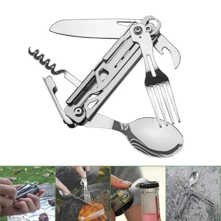 6-in-1 Folding Tableware (Fork/Knife/Spoon/Bottle Opener) for Camping and Survival