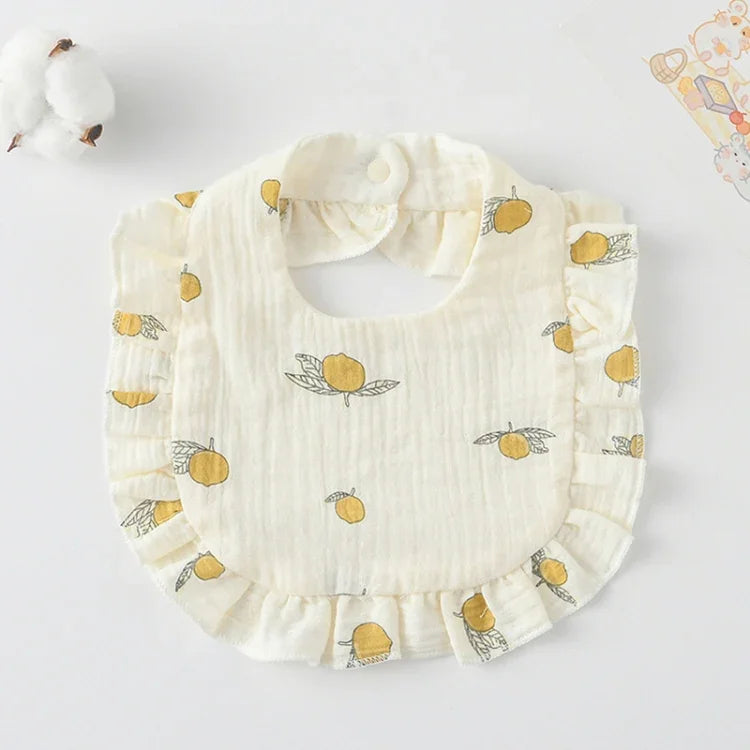 Baby Feeding Bib Ruffle Infants Saliva Towel Soft Cotton Burp Cloth, Yellow Lemon, Rabbit, Yellow Orange, Peach Heart, Mushroom Rabbit, Leaf Fruit, Little Pink Rabbit, Love, Dutch Flower, Floral, Pink Rose, Squirrel, Rainbow, Little Tiger